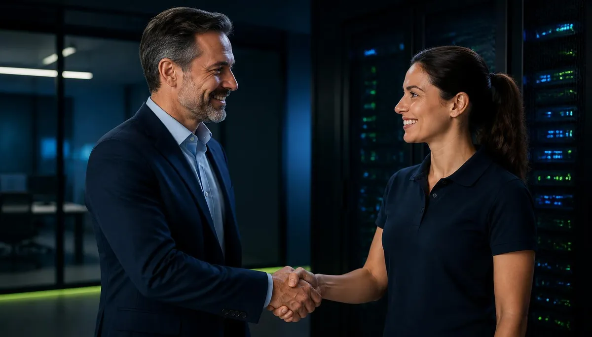 Empresário satisfeito cumprimentando um técnico de suporte de TI da Keter Tecnologia em escritório com rack de servidores