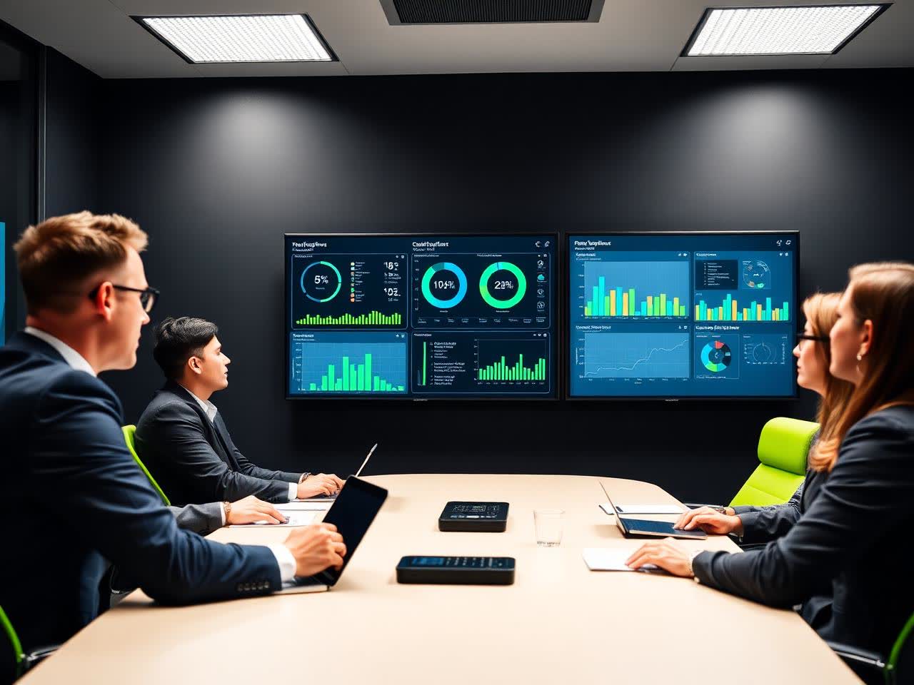 Consultores de TI analisando indicadores em uma reunião