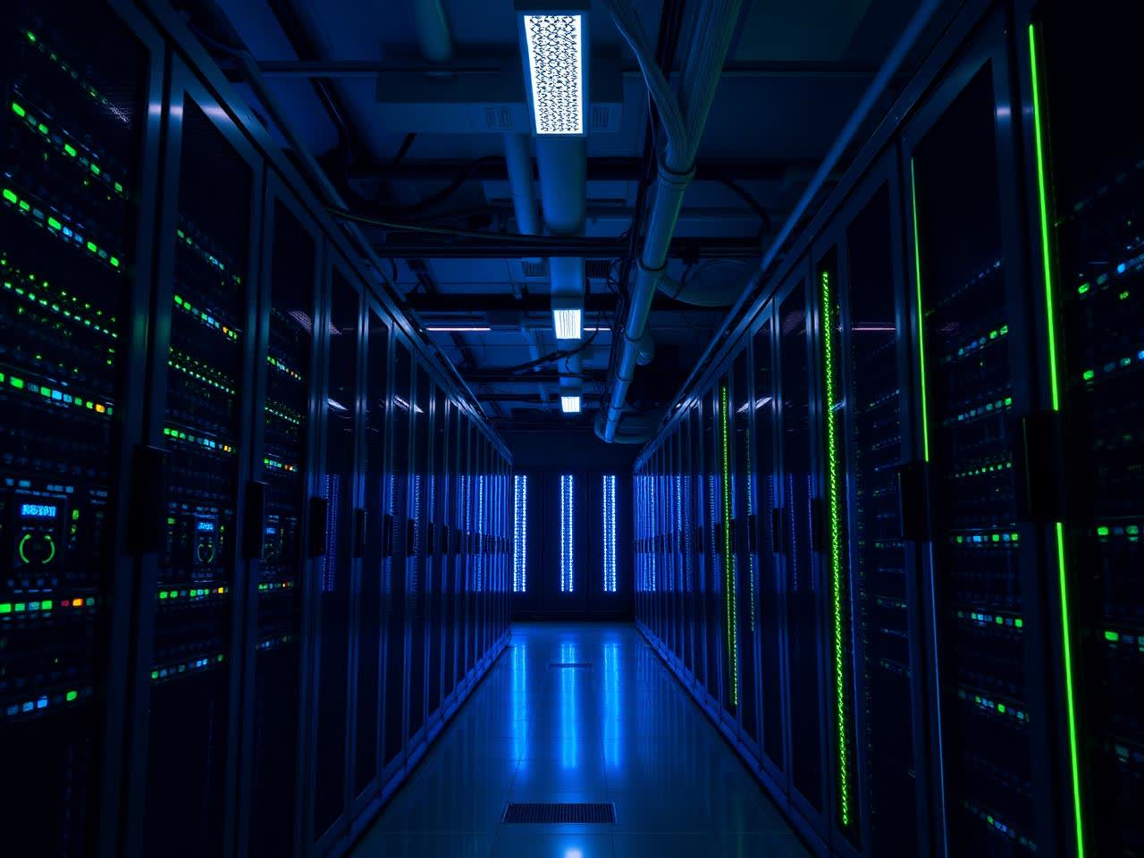 Corredor de datacenter com racks de servidores iluminados