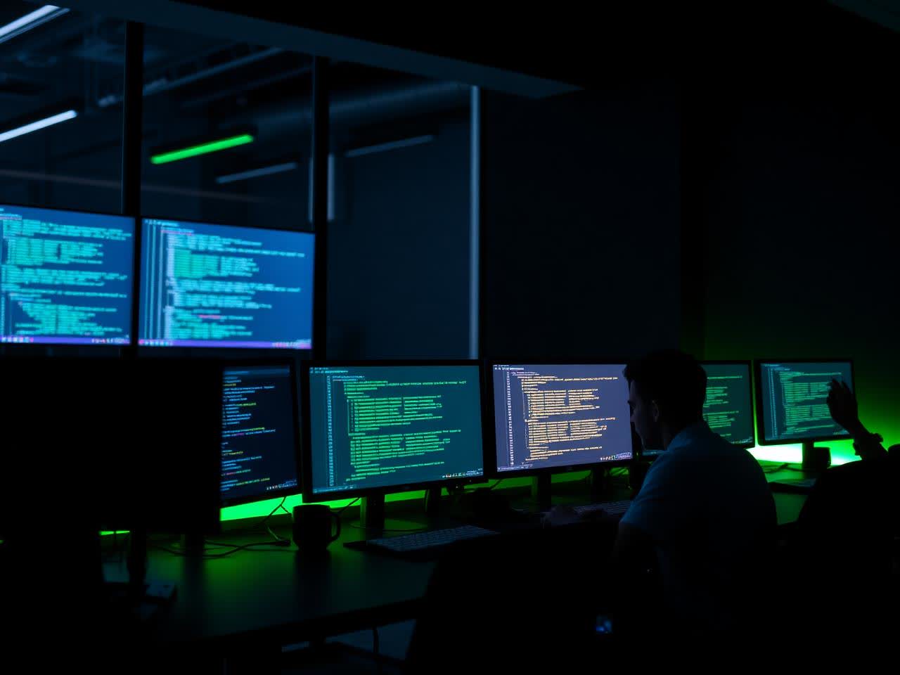 Monitores exibindo código e rotinas de sistema